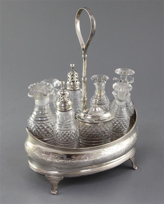 A George III silver eight bottle oval cruet stand by Peter, Ann & William Bateman, London, 1800, 28.5cm.